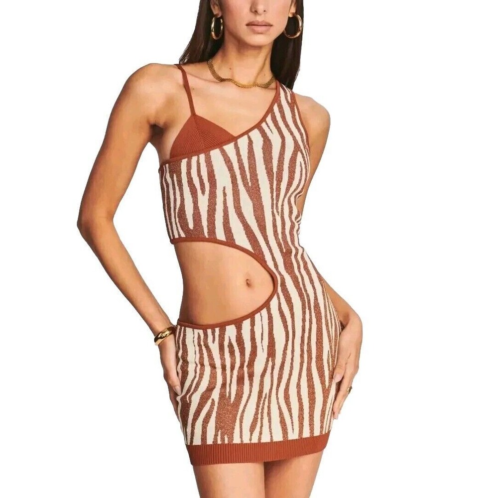 NWT Retrofete Dimi Dress Sz L Brown Zebra Mini Dress Cutouts Foil Mob Wife Sexy
